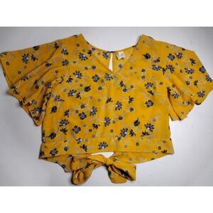 Japna Womens Mustard Yellow Floral Paisley Flutter Sleeve Tie Front Blouse M